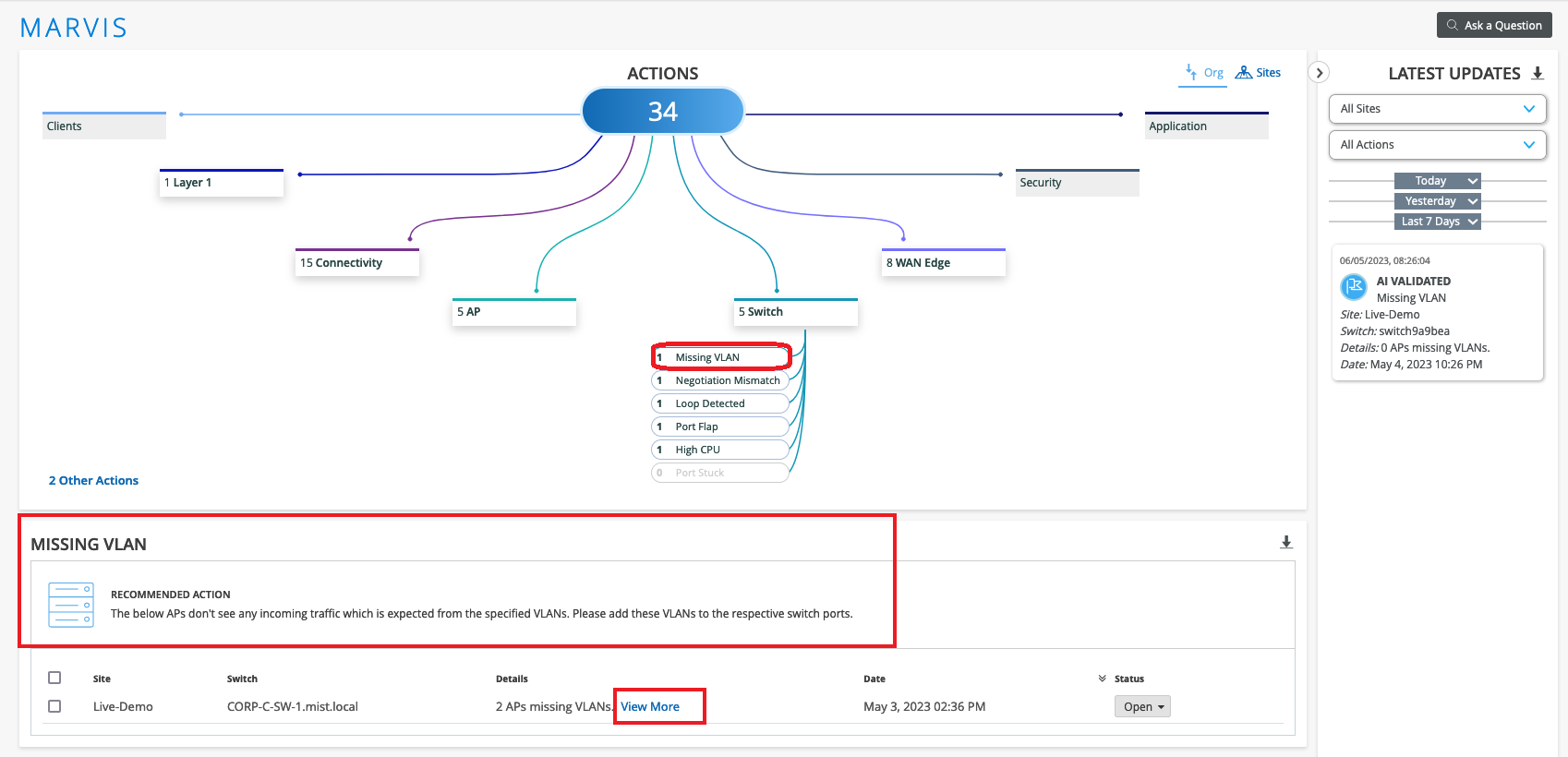 Marvis Actions Dashboard showing 34 actions including a highlighted Missing VLAN issue in Switch category. Recommended action is to add missing VLANs to switch ports. Issue is open with 2 APs affected at site Live-Demo on switch CORP-C-SW-1.mist.local.