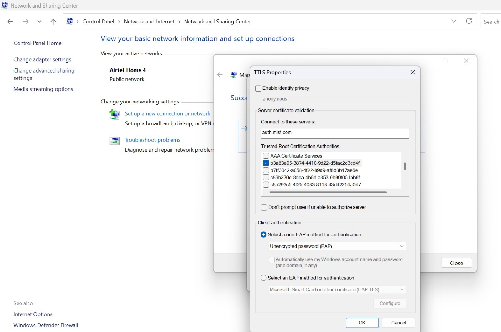 Network and Sharing Center showing Airtel_Home 4 as a public network and TTLS Properties dialog with anonymous identity, auth.mist.com server, trusted root authorities, and PAP authentication.