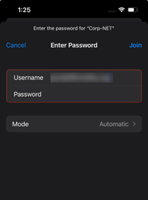 Wi-Fi login screen prompting for username and password to connect to network Corp-NET with Mode set to Automatic.