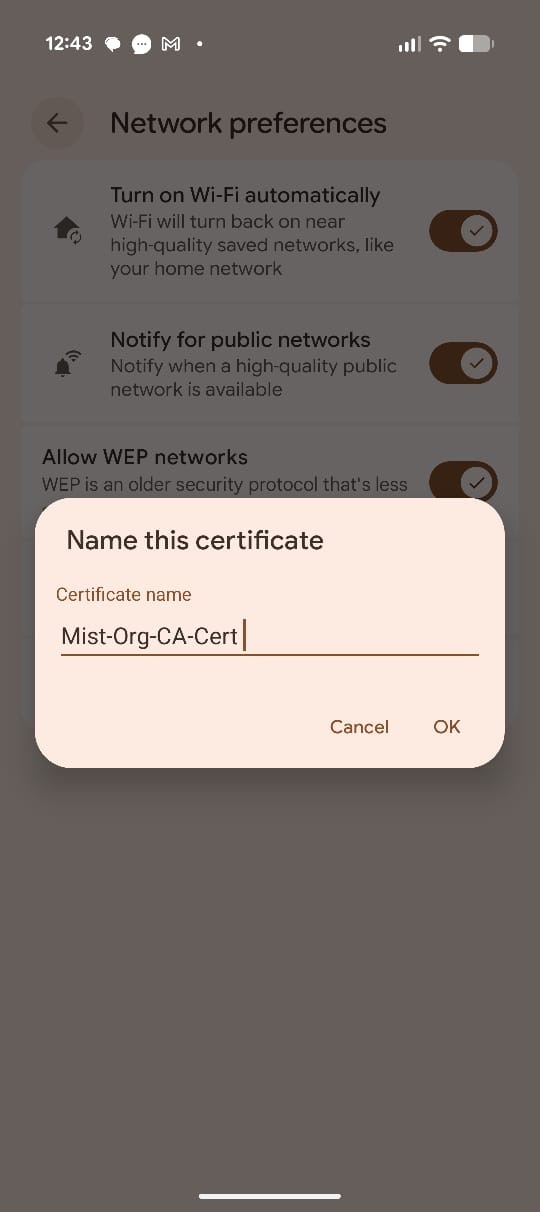 Mobile device screen showing network preferences: options to turn on Wi-Fi automatically, notify for public networks, and allow WEP networks. Pop-up window for naming a certificate with Mist-Org-CA-Cert being entered, options to cancel or confirm.