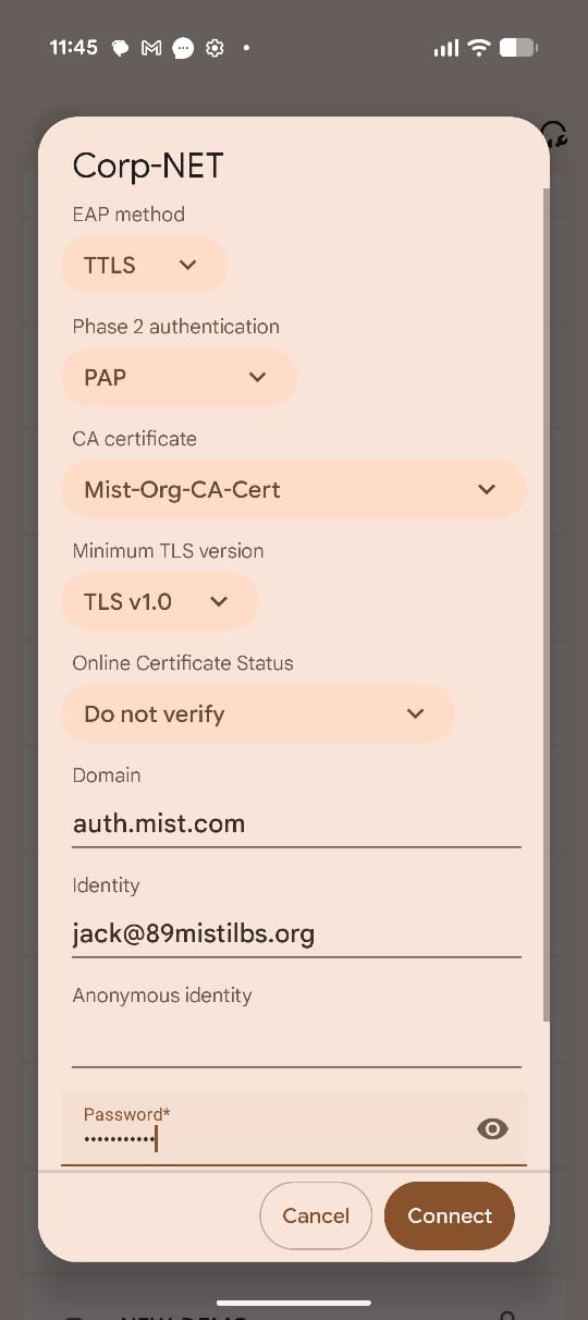 Wi-Fi setup screen for Corp-NET with enterprise authentication. EAP TTLS, PAP, Mist-Org-CA-Cert, TLS v1.0, auth.mist.com, identity jack@89mistilbs.org, password hidden.