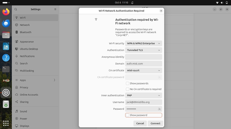 Wi-Fi authentication dialog on Linux prompting credentials for Corp-NET with WPA WPA2 Enterprise, username jack at 9mistlibs dot org, and hidden password.