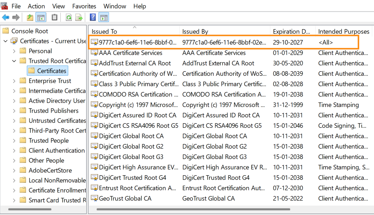 Microsoft Management Console displaying the Certificates snap-in with a list of trusted root certificates, including columns for Issued To, Issued By, Expiration Date, and Intended Purposes.