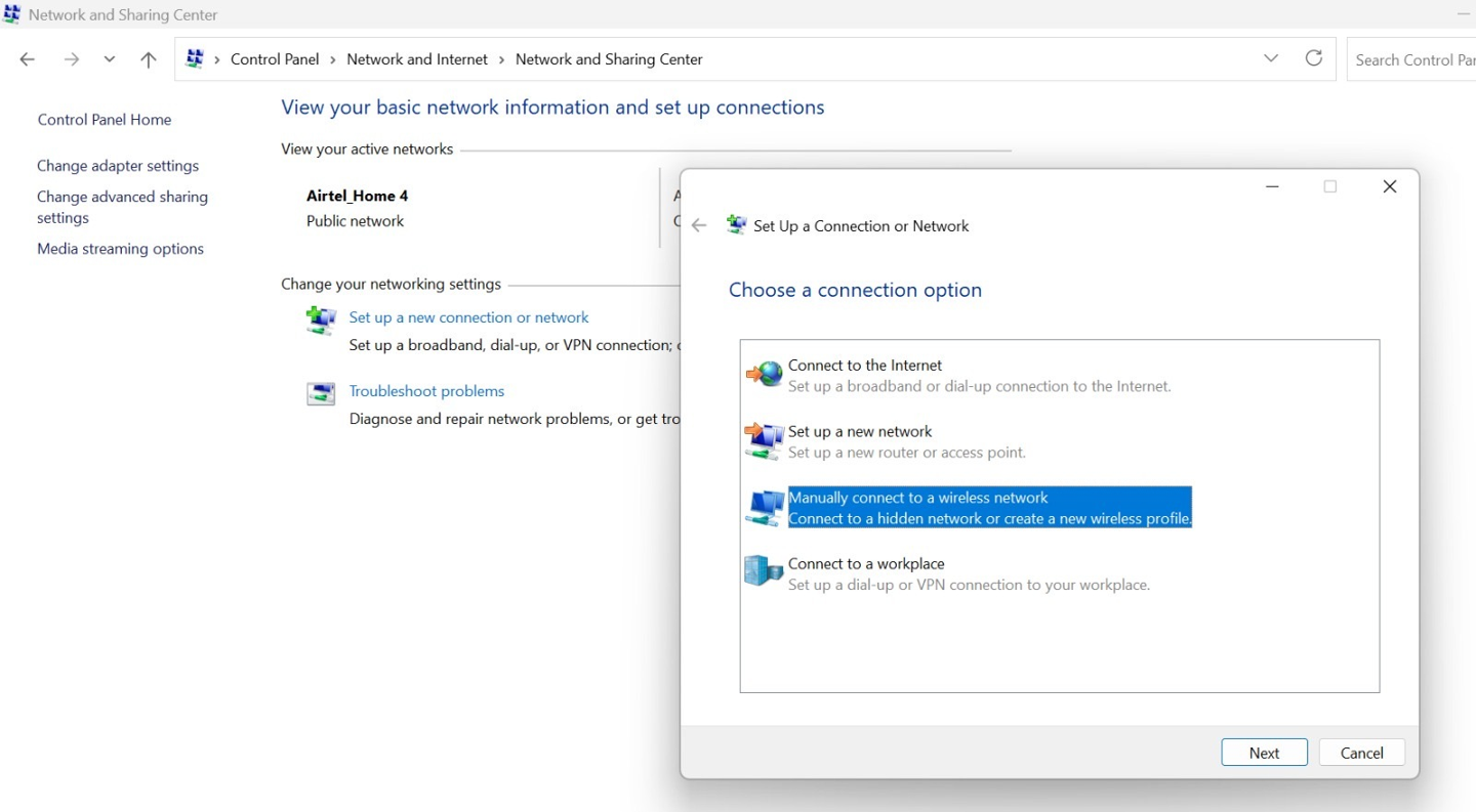 Network and Sharing Center in Windows showing Airtel_Home 4 as the active public network and a setup window with Manually connect to a wireless network option highlighted.