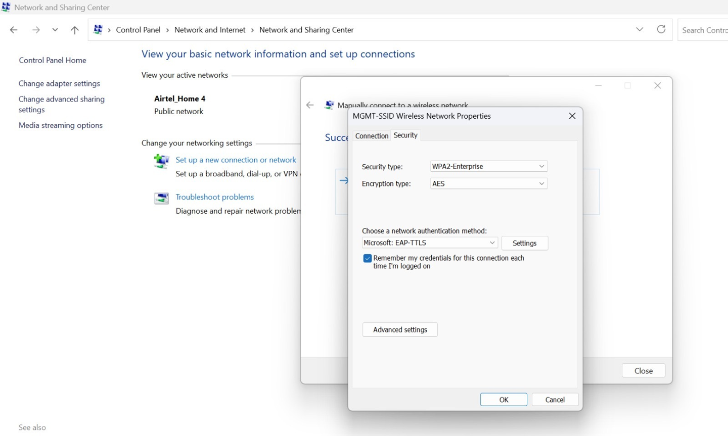 Wireless network properties dialog on the Security tab showing WPA2-Enterprise, AES encryption, and EAP-TTLS authentication settings with credentials checkbox checked. Network and Sharing Center options visible in the background.