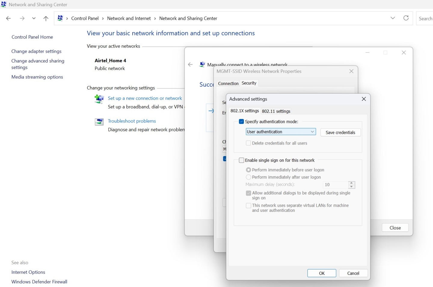 Windows Control Panel Network and Sharing Center showing Airtel_Home 4 as a public network and options for wireless network properties configuration.