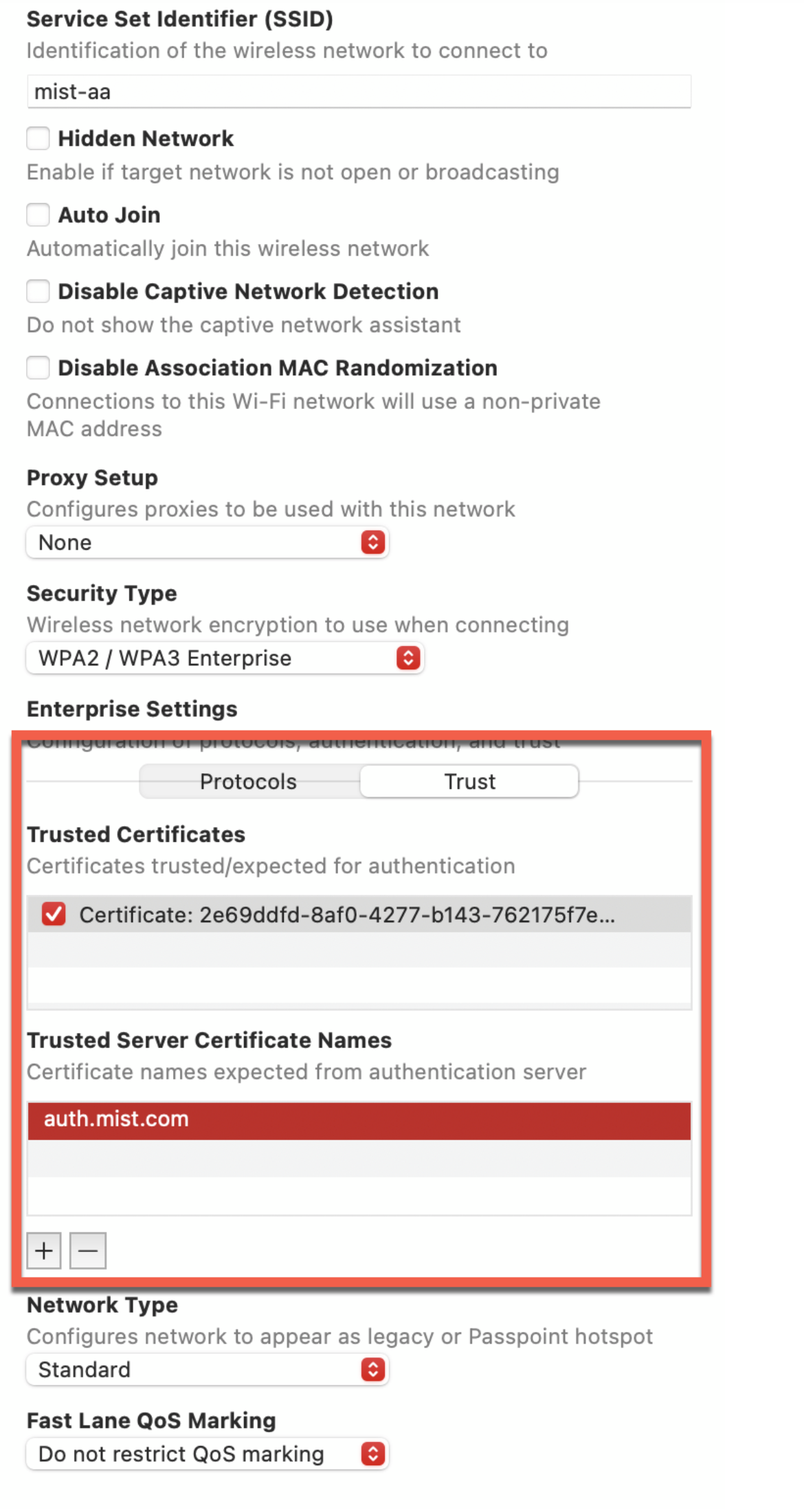 Trust Juniper Mist CA Certificate in Wi-Fi Profile