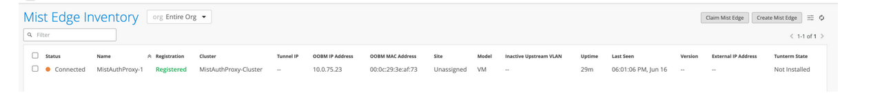 Juniper Mist Edge VM in Mist Edge Inventory