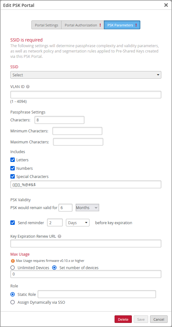 Configuration interface for editing a PSK Portal, including fields for SSID, VLAN ID, passphrase settings, PSK validity, expiration renew URL, max usage, role assignment, and save, delete, or cancel options.