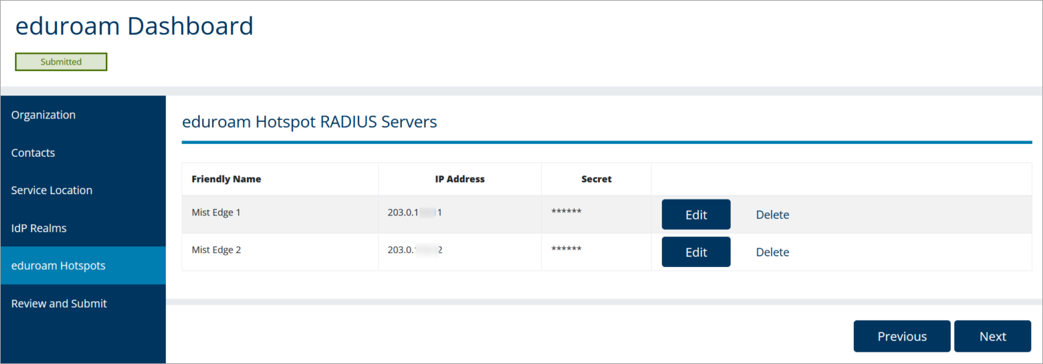 Eduroam Admin Console: Hotspot RADIUS Servers Page