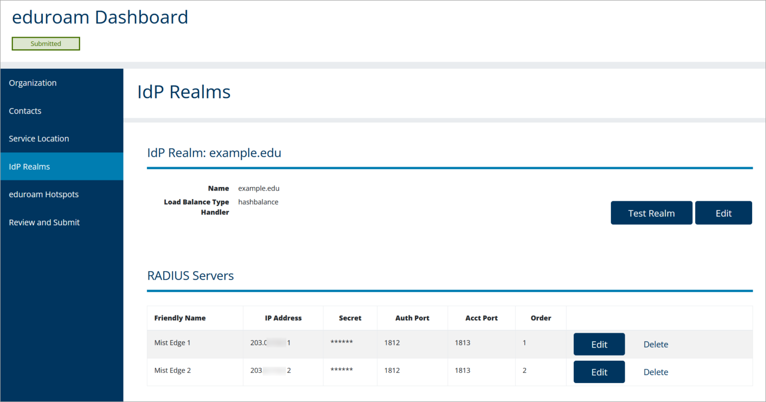 Eduroam Admin Console: IdP Realms Page