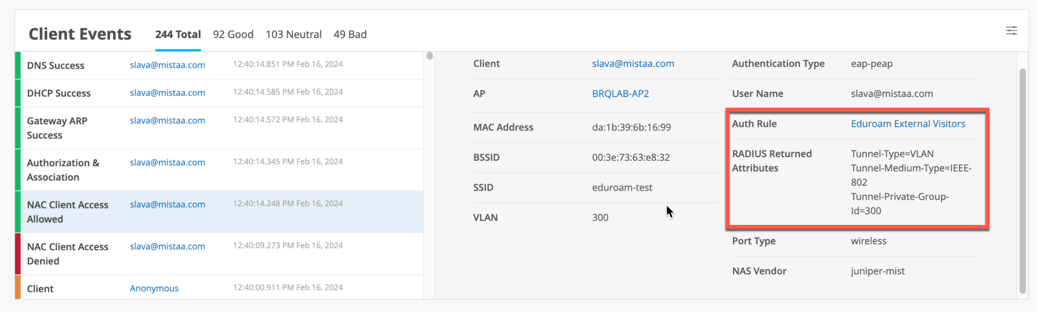 Client Events Page Showing NAC Client Access Events