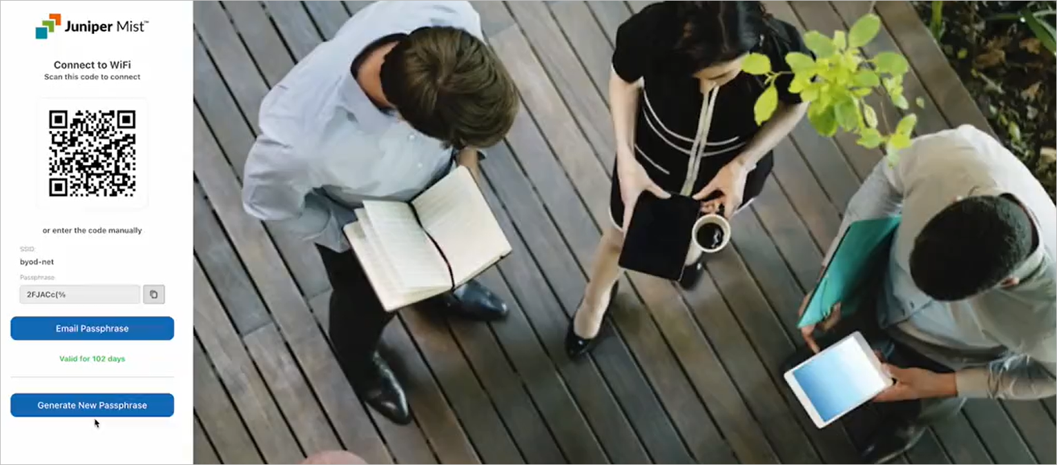 Wi-Fi interface showing SSID byod-net, passphrase 2FJACc!%, QR code, email and regenerate options, alongside three people working on a wooden deck with greenery visible.