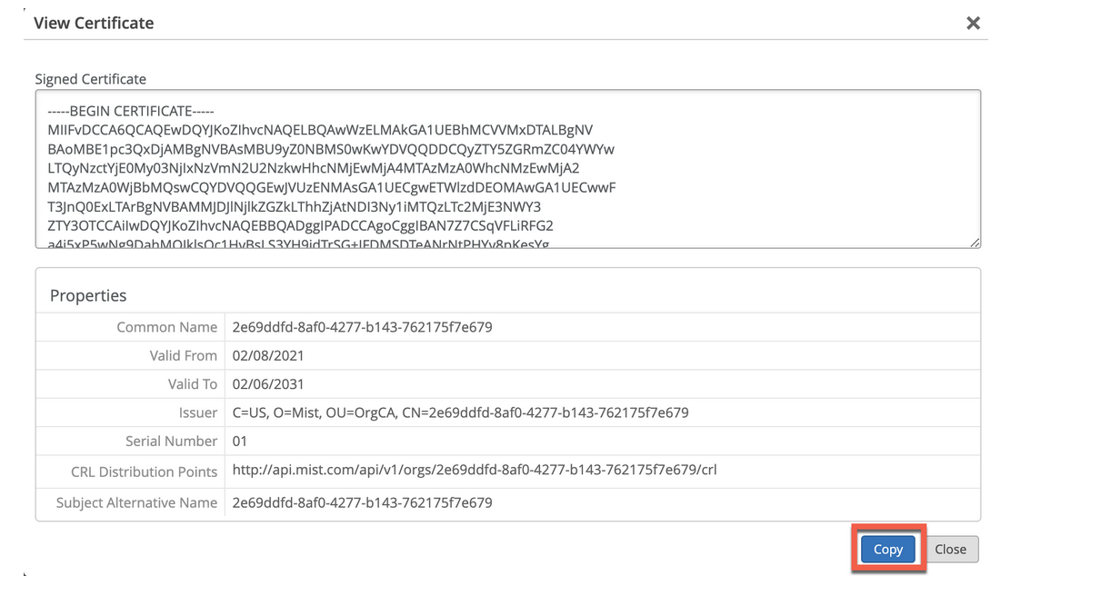 View and Copy Mist Certificate