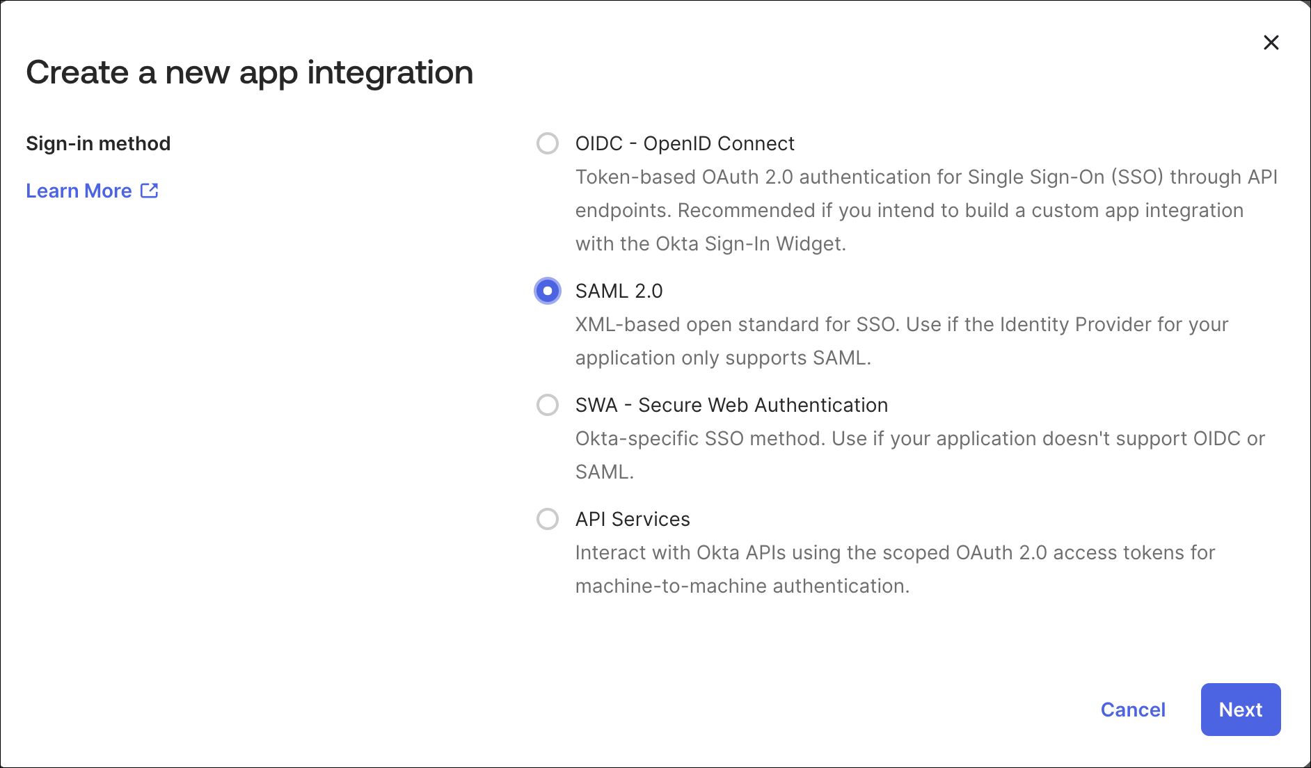 Screenshot of a user interface for selecting a Single Sign-On method, showing options for OIDC OpenID Connect, SAML 2.0 selected, SWA Secure Web Authentication, and API Services, with Cancel and Next buttons.