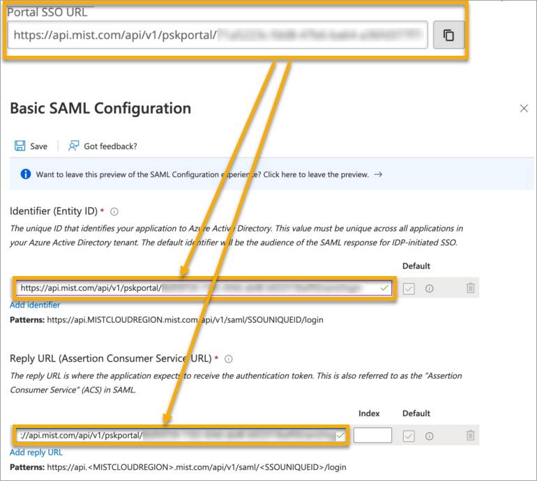 Configuration screen for Basic SAML setup in Azure Active Directory, showing repeated use of the URL https://api.mist.com/api/v1/pskportal/ in Portal SSO URL, Identifier Entity ID, and Reply URL fields.