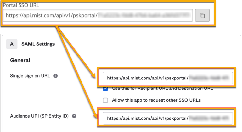 Configuration screen for SAML settings with consistent URL across Portal SSO URL, Single sign on URL, and Audience URI fields.