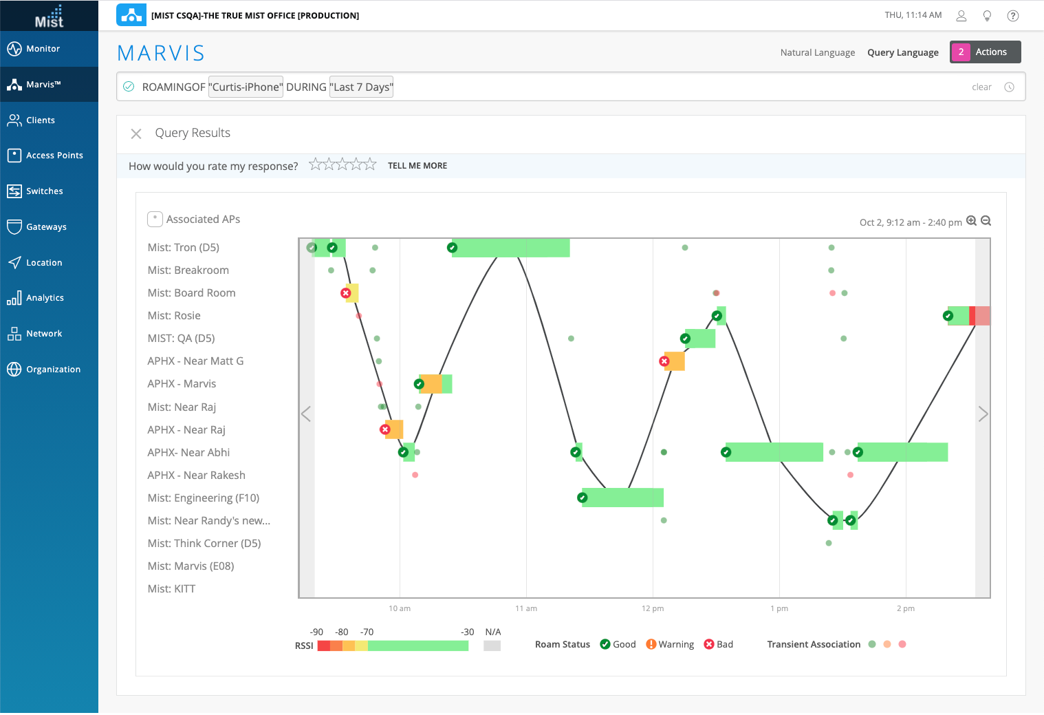 Network monitoring interface showing roaming performance of Curtis-iPhone over 7 days, including timeline graph with APs, signal strength legend, and navigation panel for diagnostics.