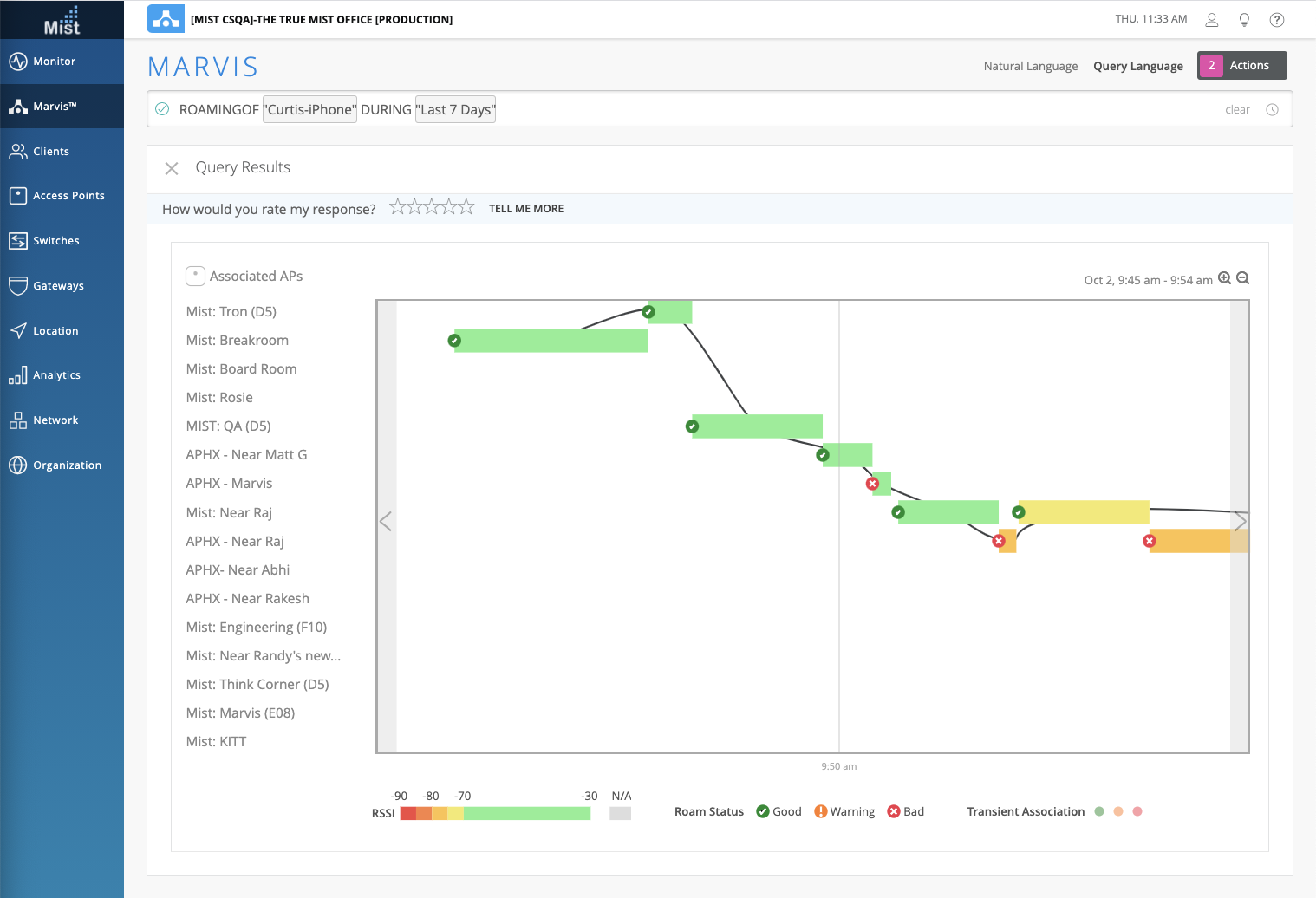 Marvis interface showing roaming analysis for Curtis-iPhone over the last 7 days. Includes a graph with signal strengths and roaming events, access point list, RSSI legend, and navigation panel for network monitoring.