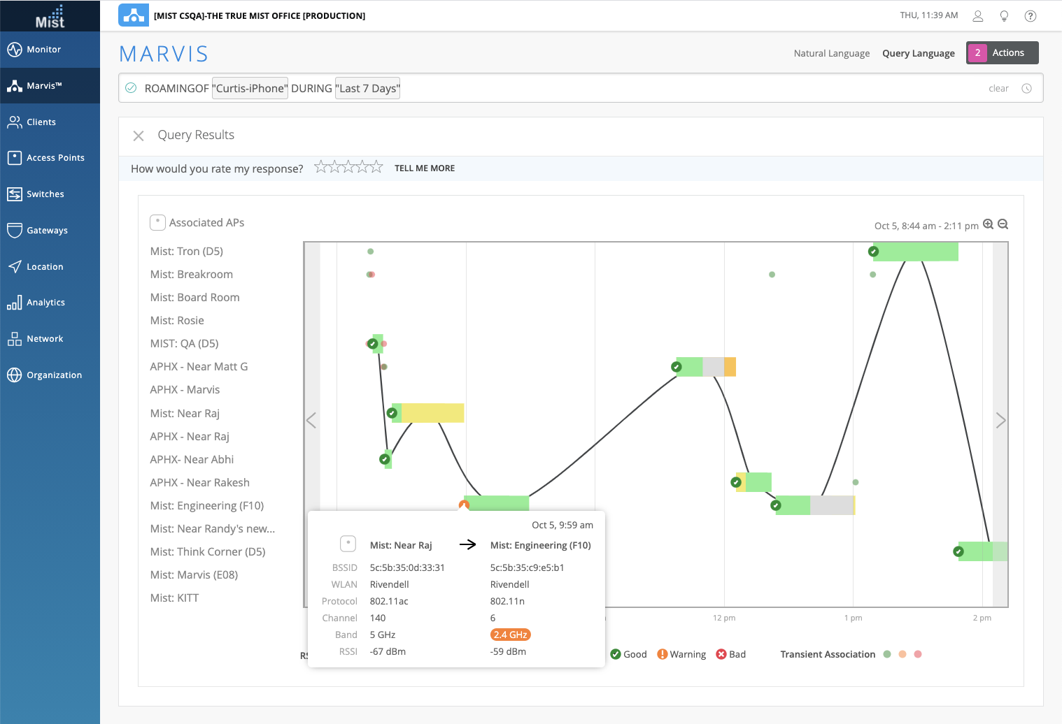 Screenshot of Mist Systems Marvis interface showing Curtis-iPhone roaming activity over 7 days with timeline graph, access points list, and detailed event tooltip.