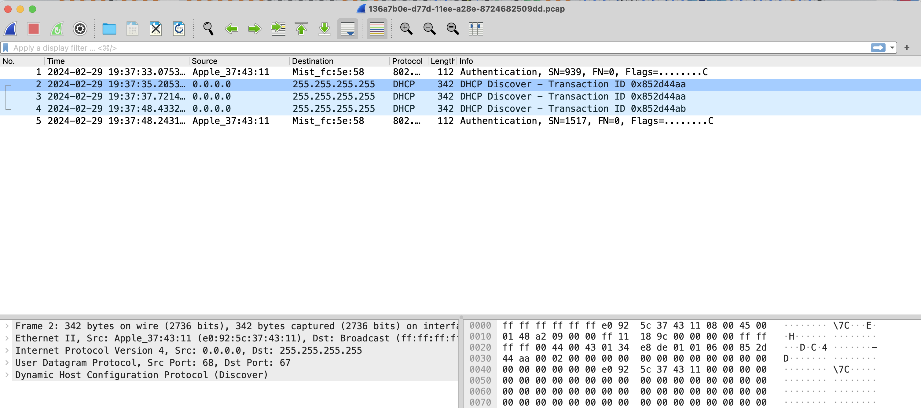Screenshot of a Wireshark network packet capture showing DHCP Discover packets with source 0.0.0.0 and destination 255.255.255.255, detailed protocol layers, and raw packet data.
