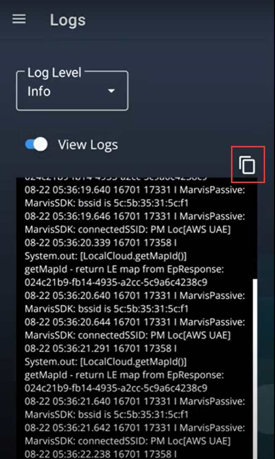 Log viewer interface with log level dropdown set to Info, view logs toggle switched on, scrolling log entries showing timestamps and system messages, and a red-highlighted clipboard icon for copying log content.