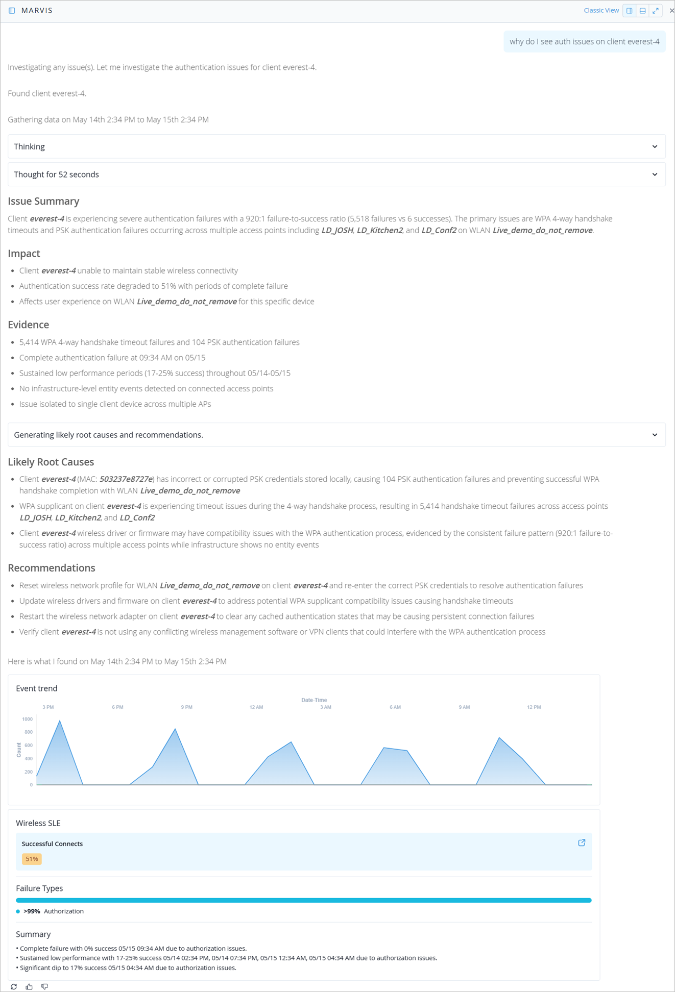 Diagnostic report analyzing authentication issues for client device everest-4. Key findings: 920 to 1 failure-to-success ratio, major WPA handshake timeouts, PSK failures, and degraded connectivity. Recommendations include resetting PSK credentials, updating drivers, and clearing cache.