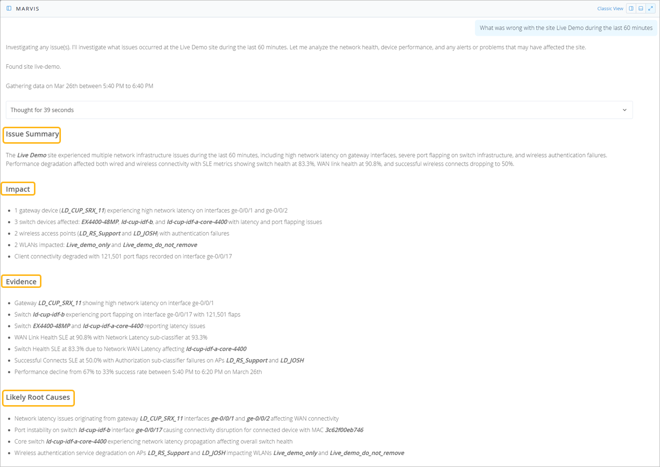 Diagnostic report detailing network issues for Live Demo site, including high latency on gateway, port flapping on switches, wireless authentication failures, and performance degradation impacting wired and wireless connectivity. Lists affected devices, evidence of issues, and likely root causes such as gateway latency, switch instability, and wireless service degradation.