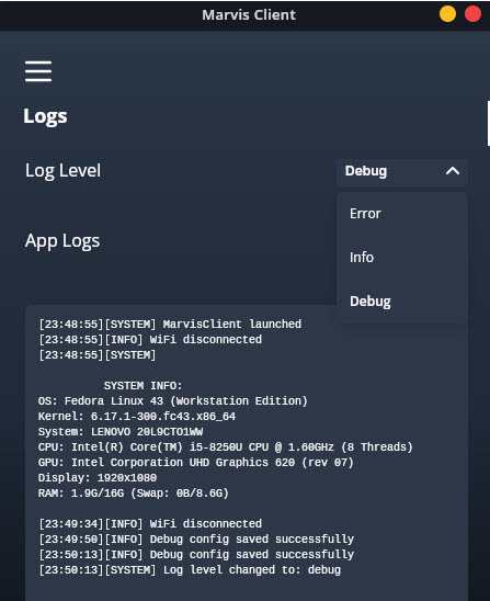 Screenshot of Marvis Client software logging interface showing log level filtering, app logs with timestamps, system events, and system details like OS, kernel, hardware specs, resolution, and RAM usage.