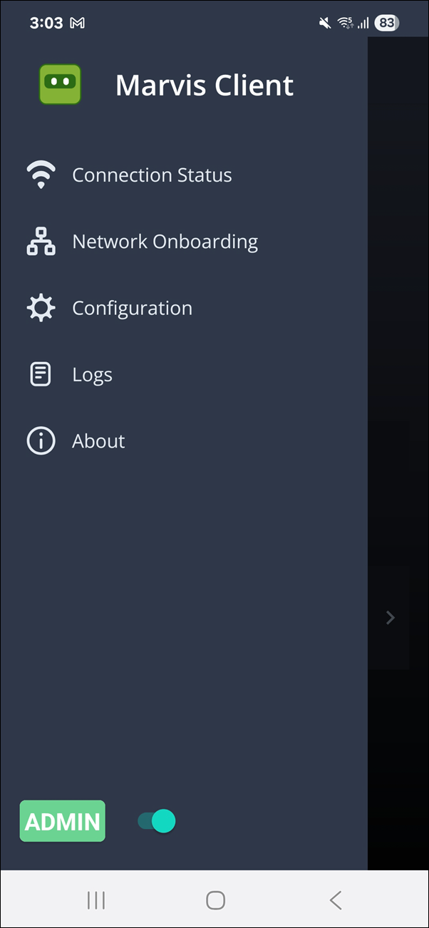 Mobile app interface for Marvis Client with options: Connection Status, Network Onboarding, Configuration, Logs, About, and an ADMIN toggle switch at the bottom.