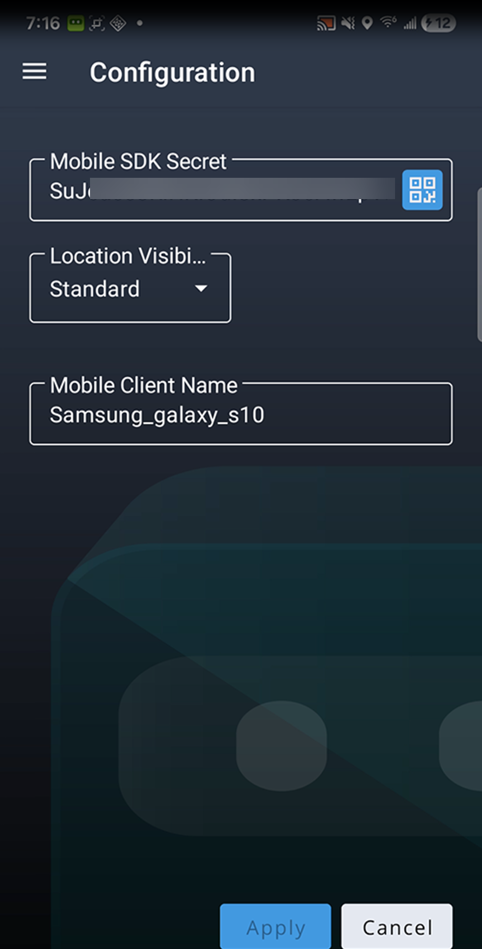 Configuration screen showing fields for Mobile SDK Secret with QR code icon, Location Visibility dropdown set to Standard, Mobile Client Name displaying Samsung_galaxy_s10, and Apply and Cancel buttons.