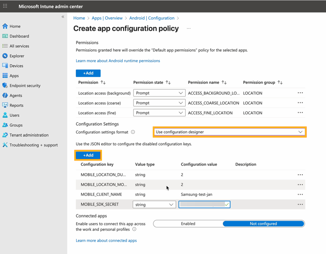 Microsoft Intune admin center Create app configuration policy page for Android devices showing permissions, configuration settings, keys table, and connected apps toggle.