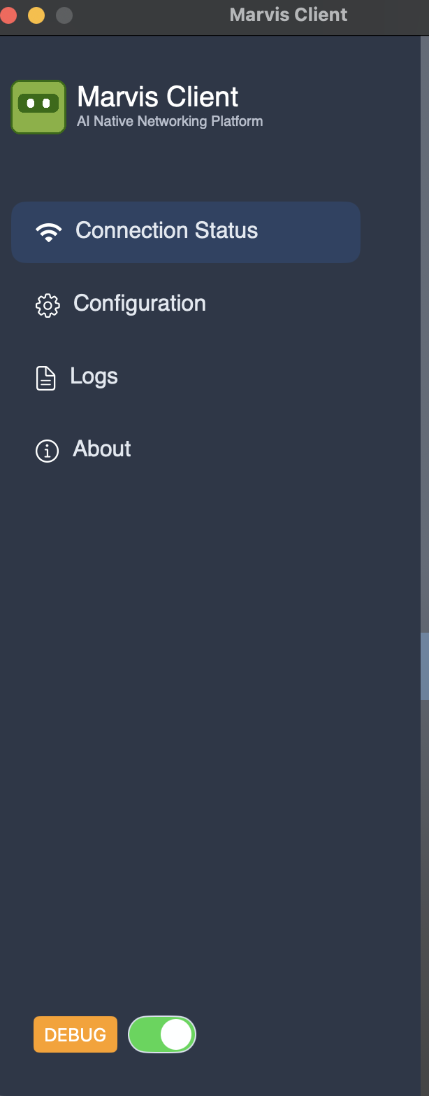 Marvis Client interface showing connection status, configuration, logs, about section, and debug toggle switched on with a dark-themed design.
