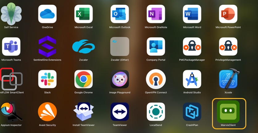 Grid of application icons on a computer screen, including Microsoft Office apps, Slack, Google Chrome, Xcode, Android Studio, Avast Security, OpenVPN Connect, and others.