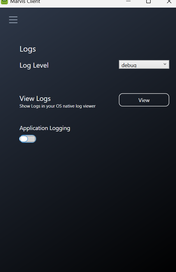 Marvis Client logging configuration screen with Log Level dropdown set to debug, View Logs button, and Application Logging toggle turned off.
