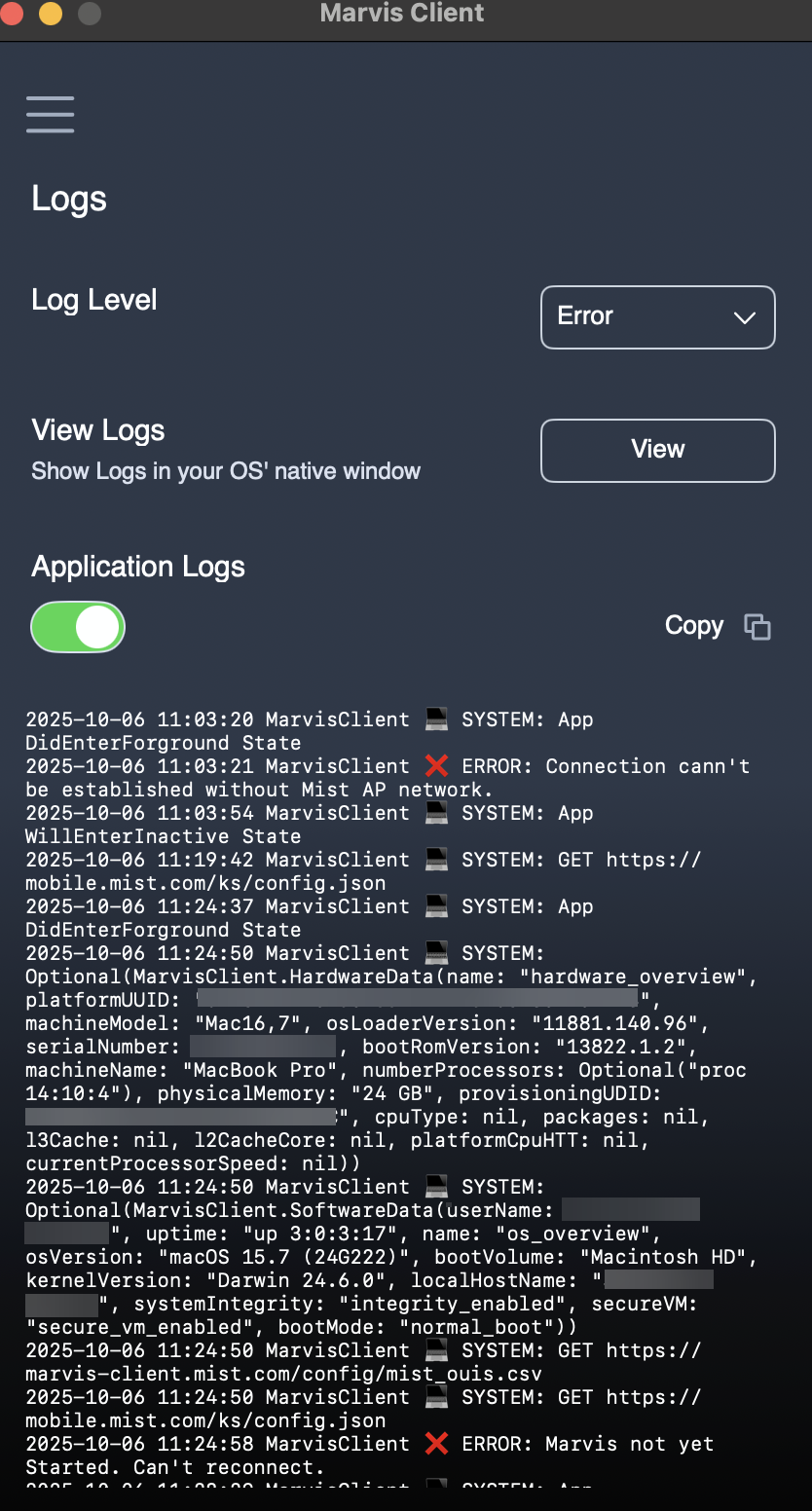 Log viewer interface showing system logs, options to set log level, view logs in native window, connection issues, and system information like OS version and hardware data.