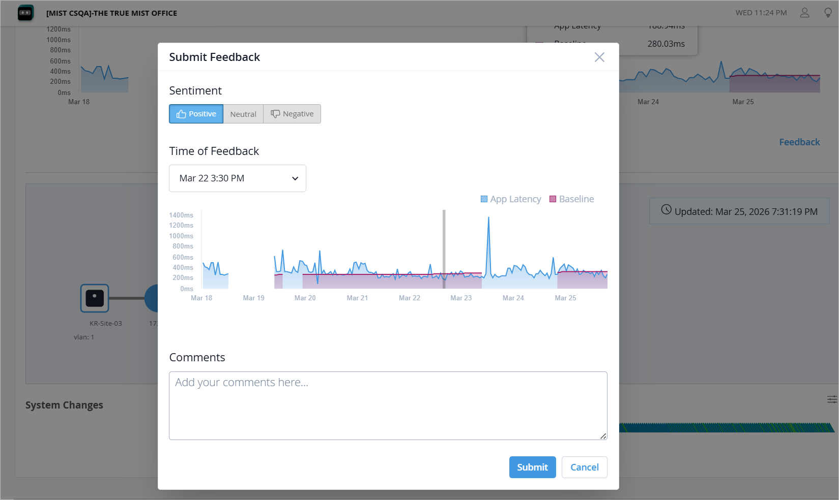 User interface for submitting feedback with sentiment selection, time dropdown, app latency graph, comments box, and submit or cancel buttons for monitoring application performance.
