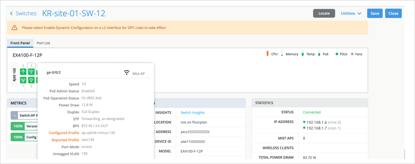 Network switch dashboard showing details for KR-site-01-SW-12 including model EX4100-F-12P, port statuses, VLAN profiles, metrics like power draw 83.7 W, and a warning about enabling dynamic configuration.