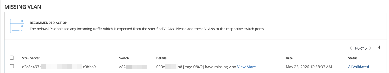 Missing VLAN issue detected; certain access points not receiving expected traffic from specified VLANs. Recommendation: Add missing VLANs to respective switch ports. Includes affected site, switch details, timestamp May 25, 2026, 12:58:33 AM, and status AI Validated.
