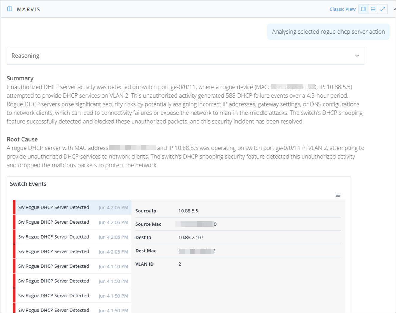 Network security analysis report from Marvis detailing detection and resolution of a rogue DHCP server incident. Unauthorized DHCP activity detected on switch port ge-0/0/11 in VLAN 2. Rogue device caused 588 DHCP failures over 4.3 hours. DHCP snooping feature blocked malicious packets, mitigating security risks and connectivity issues.