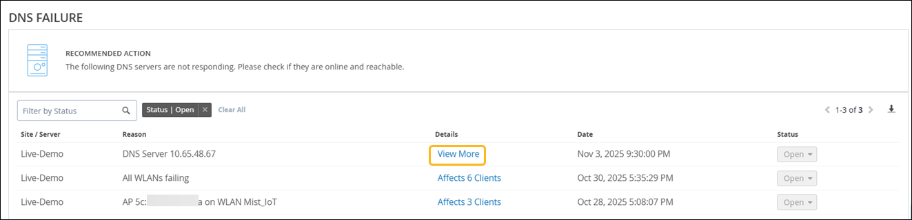 DNS failure dashboard showing recommended action: check DNS server status, table of issues with site/server, reason, details, date, and status, all marked open, with links for details and download option.