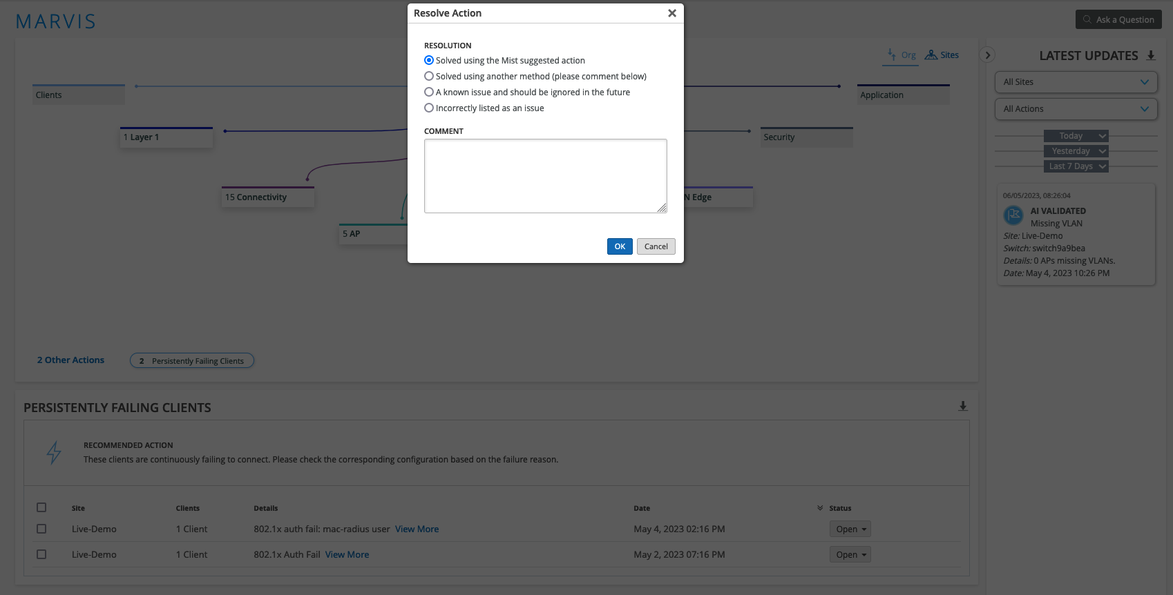Screenshot of Marvis network troubleshooting interface showing Resolve Action dialog with options for resolving network issues, flow diagram of issue progression, list of persistently failing clients with recommended actions, and Latest Updates panel with recent network events.