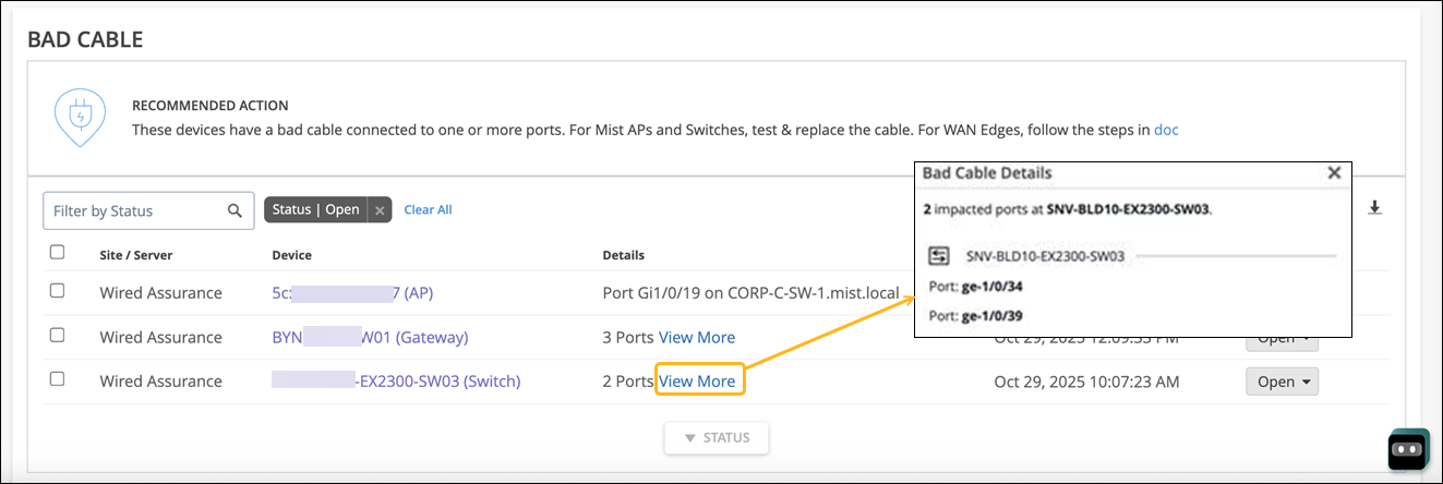 Network management interface highlighting a Bad Cable issue. Includes a header with recommended actions, a table listing devices with affected ports, and zoomed-in details for a device named SNV-BLD10-EX2300-SW03 with impacted ports ge-1/0/34 and ge-1/0/39. Status filter shows issue is Open.