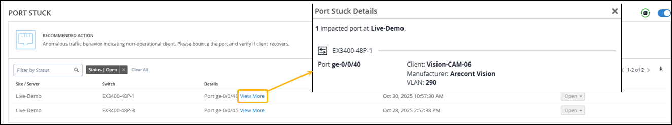 Screenshot of Marvis network management interface showing 36 action summaries, highlighting a Port Stuck issue on switch EX3400-48P-3 at site Live-Demo.