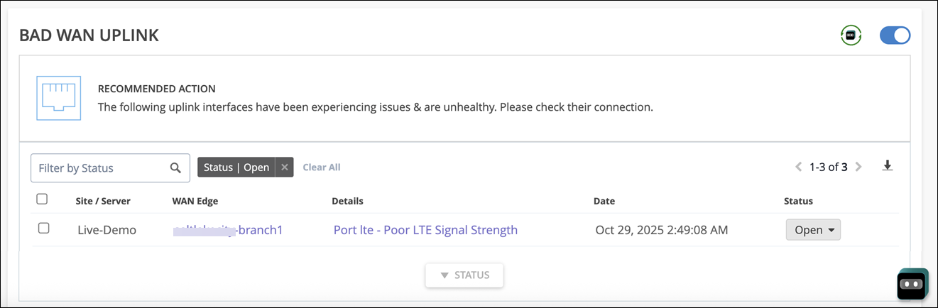 Dashboard titled BAD WAN UPLINK showing network uplink issues. Table lists affected interfaces with details like Live-Demo site, poor LTE signal strength, Oct 29 timestamp, and Open status. Filters, pagination, download button, toggle switch, and chatbot icon are visible.