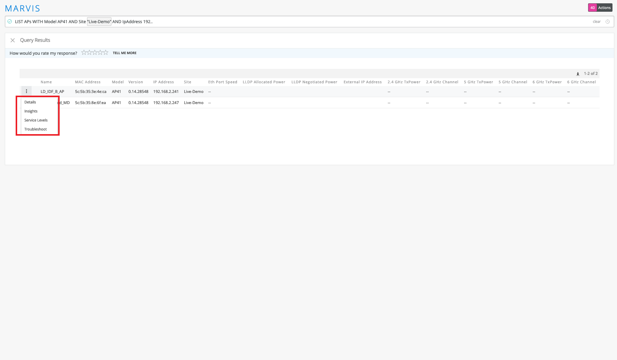 Query results in Marvis showing two access points with model AP41 at site Live-Demo, including MAC address, IP address, and technical details like port speed and TxPower.