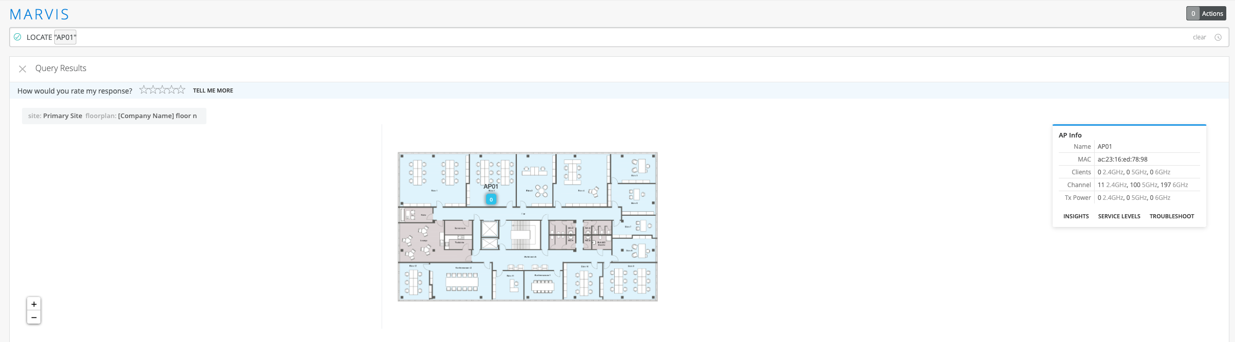 Marvis platform interface showing AP01 location on a floor plan with labeled rooms. Right panel displays AP01 details: name, MAC address, connected clients by frequency band, channel usage, and transmission power. Tabs for Insights, Service Levels, and Troubleshoot are visible.