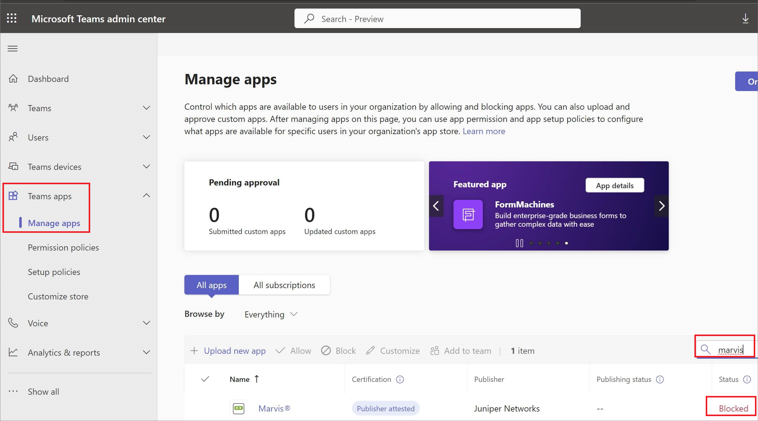 Manage apps section in Microsoft Teams admin center with navigation panel, app management table showing Marvis app status as blocked, and action buttons for app control.