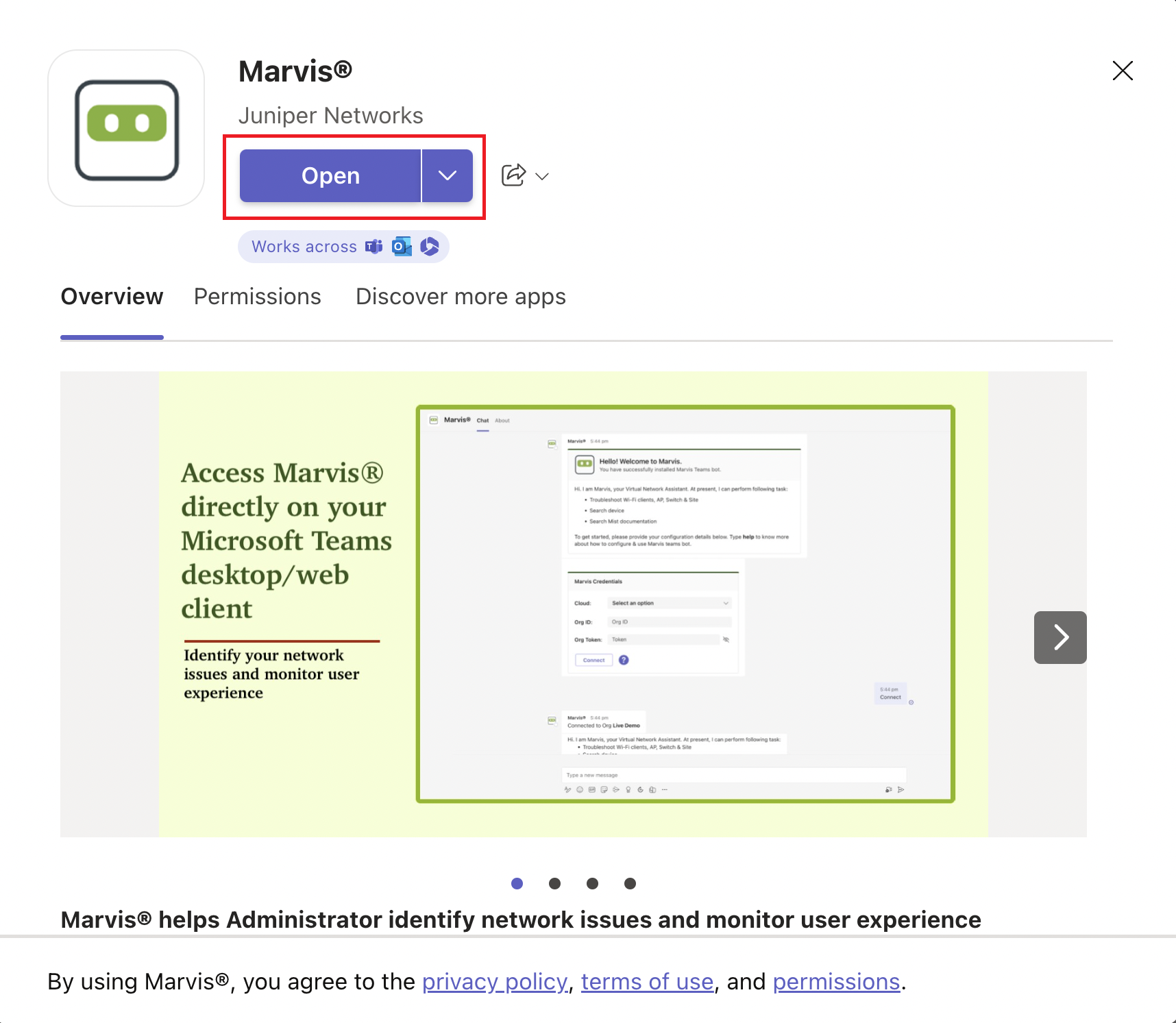 Screenshot of Marvis by Juniper Networks app page in Microsoft Teams. Features Open button, app description, preview of Marvis interface, and footer agreement note.