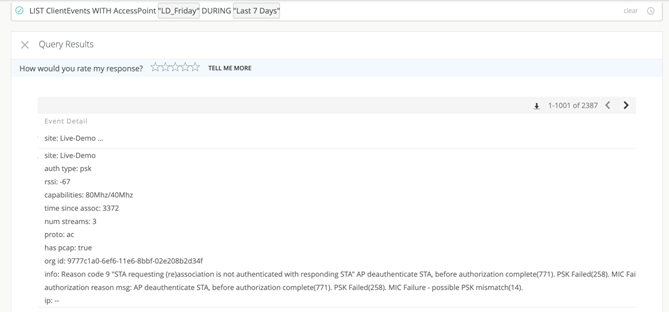 Query results from a network tool showing client events for access point LD_Friday over 7 days, including site Live-Demo, authentication type PSK, RSSI -67, capabilities 80MHz/40MHz, time since association 3372 seconds, 3 streams, protocol AC, PMF enabled, client log ID, and reason code 9 for authentication failure.